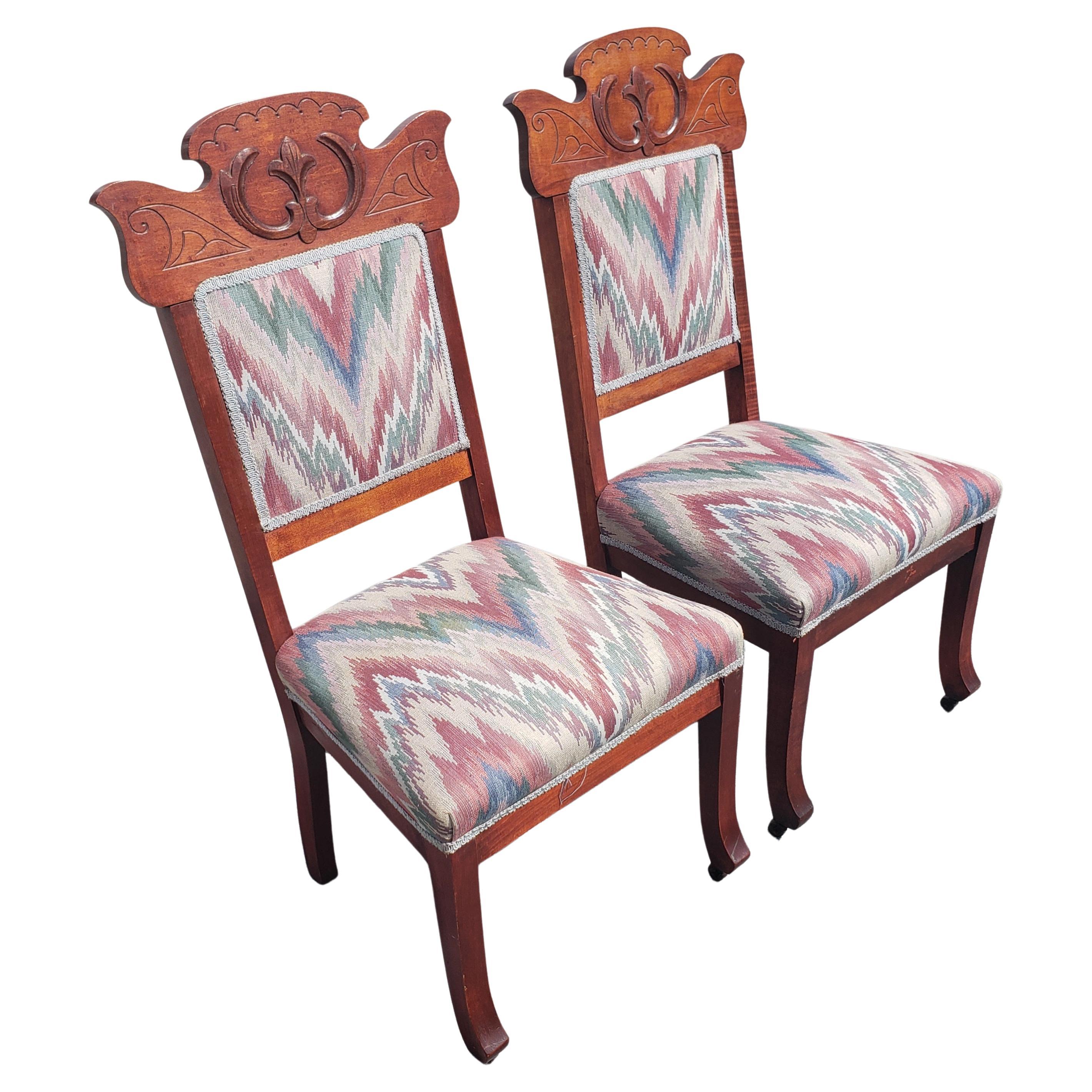 Edwardian Eastlake Carved Mahogany Upholstered Chairs, circa 1920s, a Pair  For Sale 1