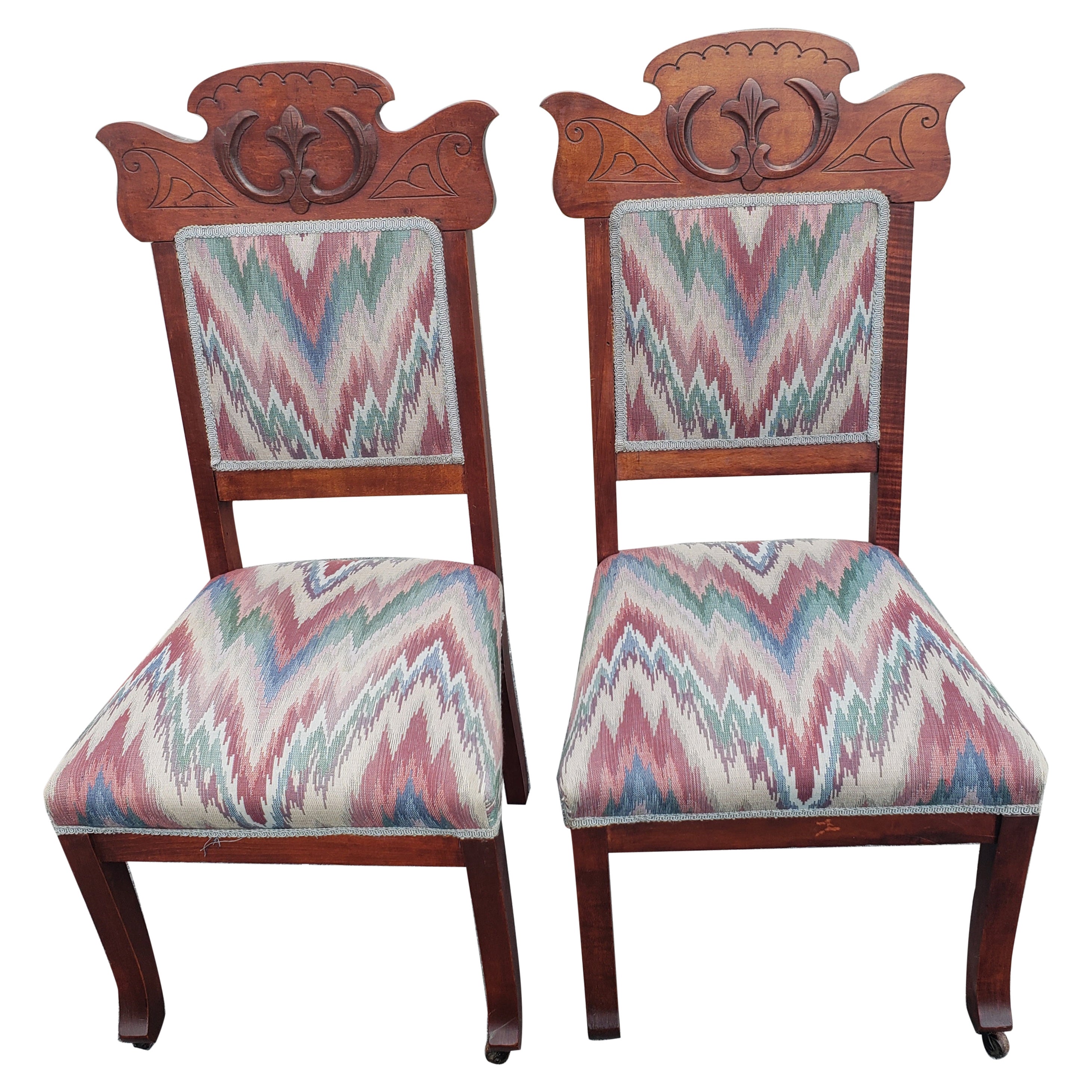 Edwardian Eastlake Carved Mahogany Upholstered Chairs, circa 1920s, a Pair For Sale