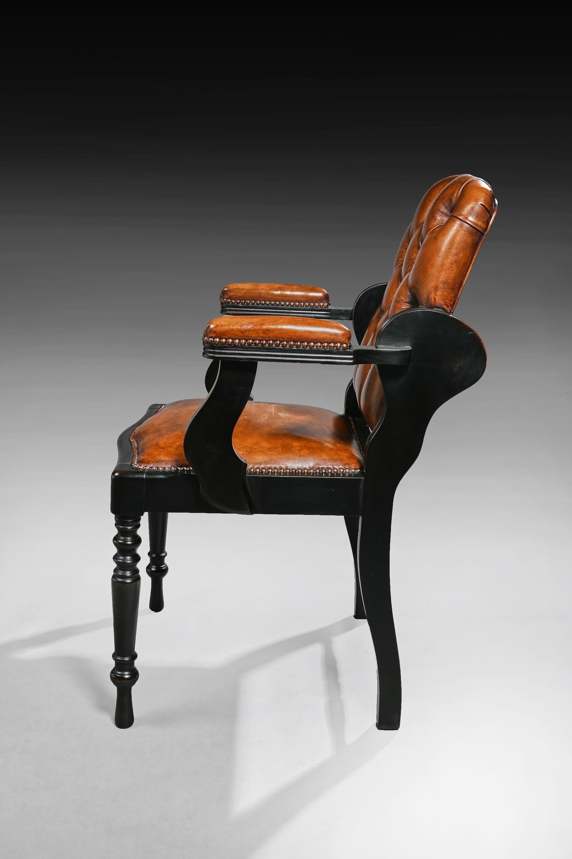 Ebonized Edwardian Ebonised and Leather Barbers Armchair