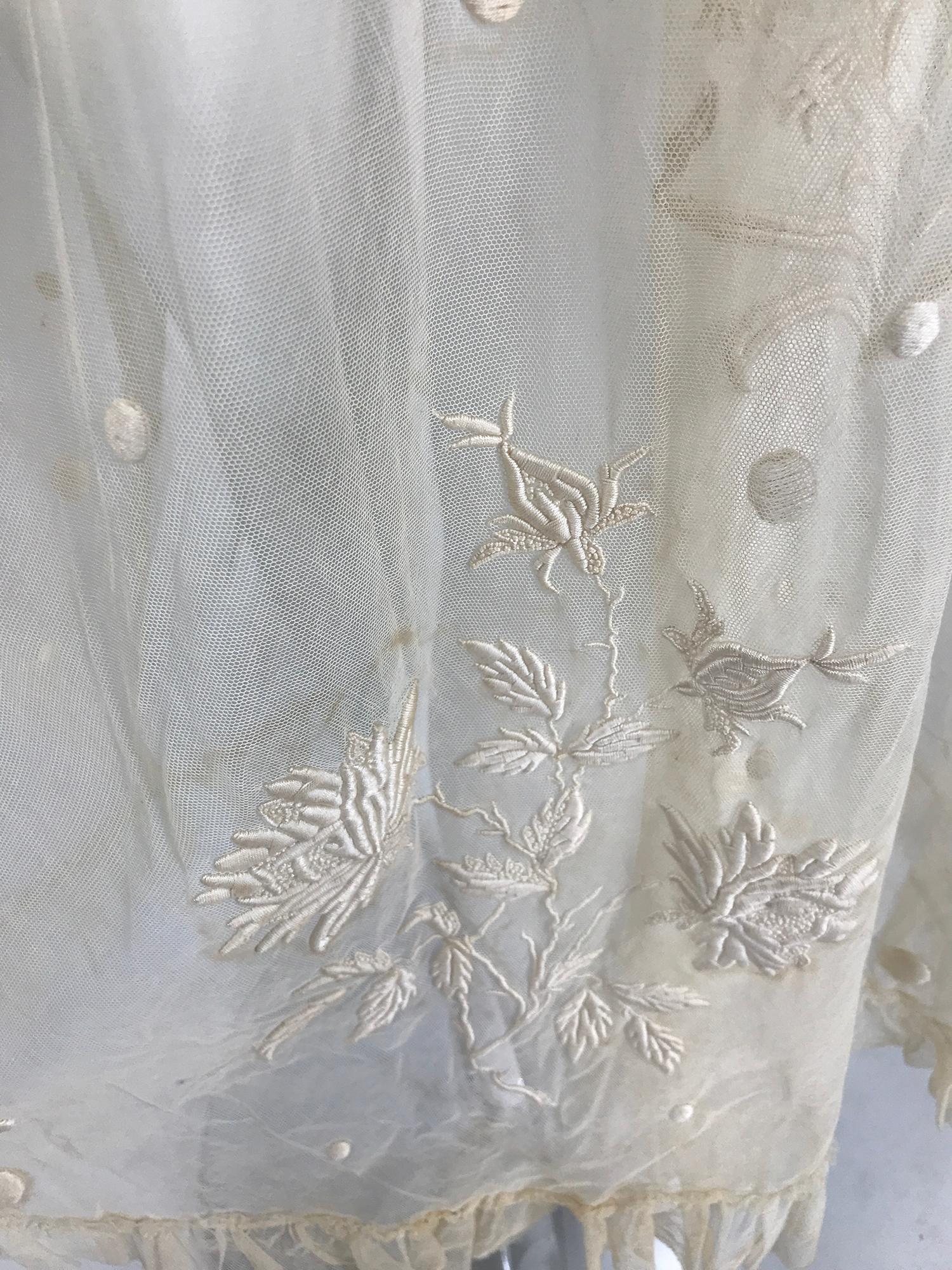 Edwardian Ecru Satin Stitch Embroidered Tulle Skirt 1900s For Sale 4