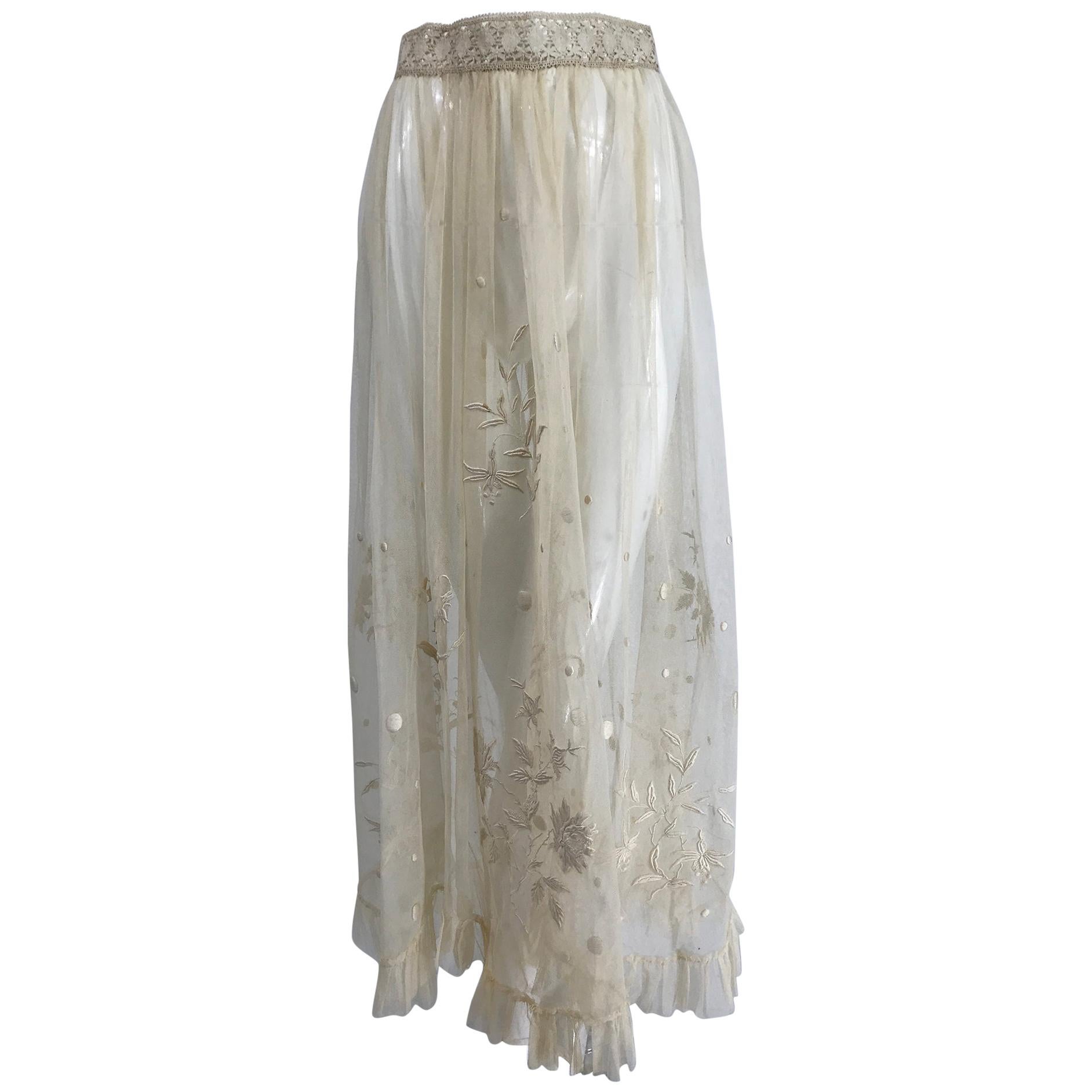Edwardian Ecru Satin Stitch Embroidered Tulle Skirt 1900s For Sale