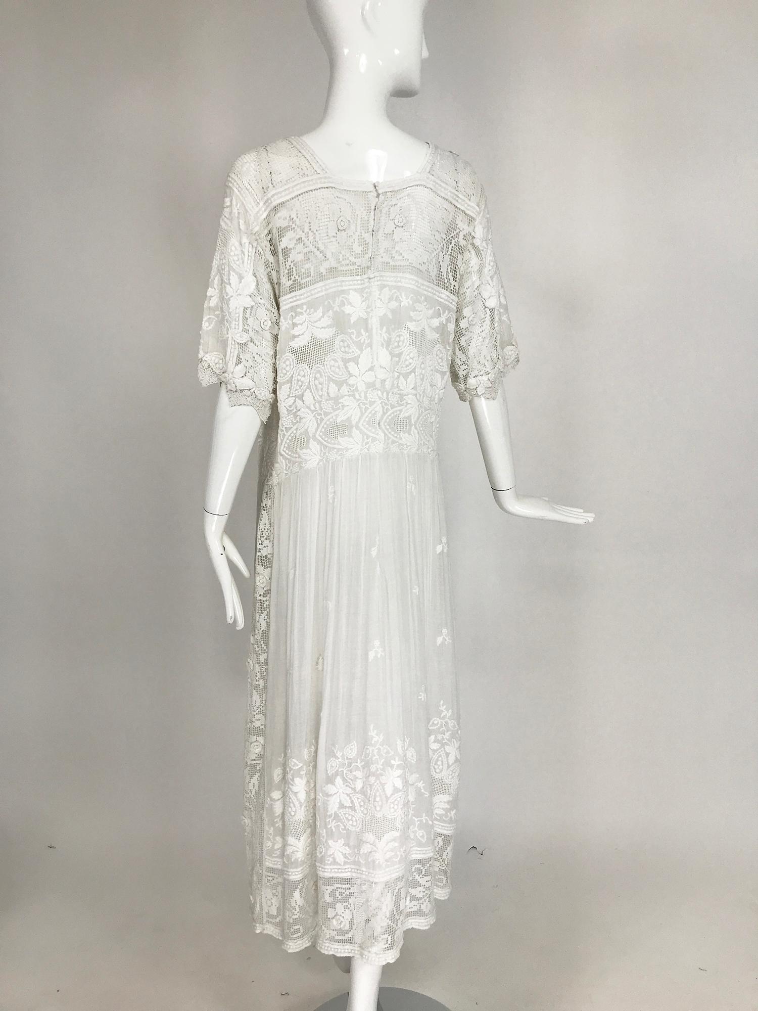 Edwardian Embroidered & appliqued White Batiste & Filet Lace Handmade Dress 2
