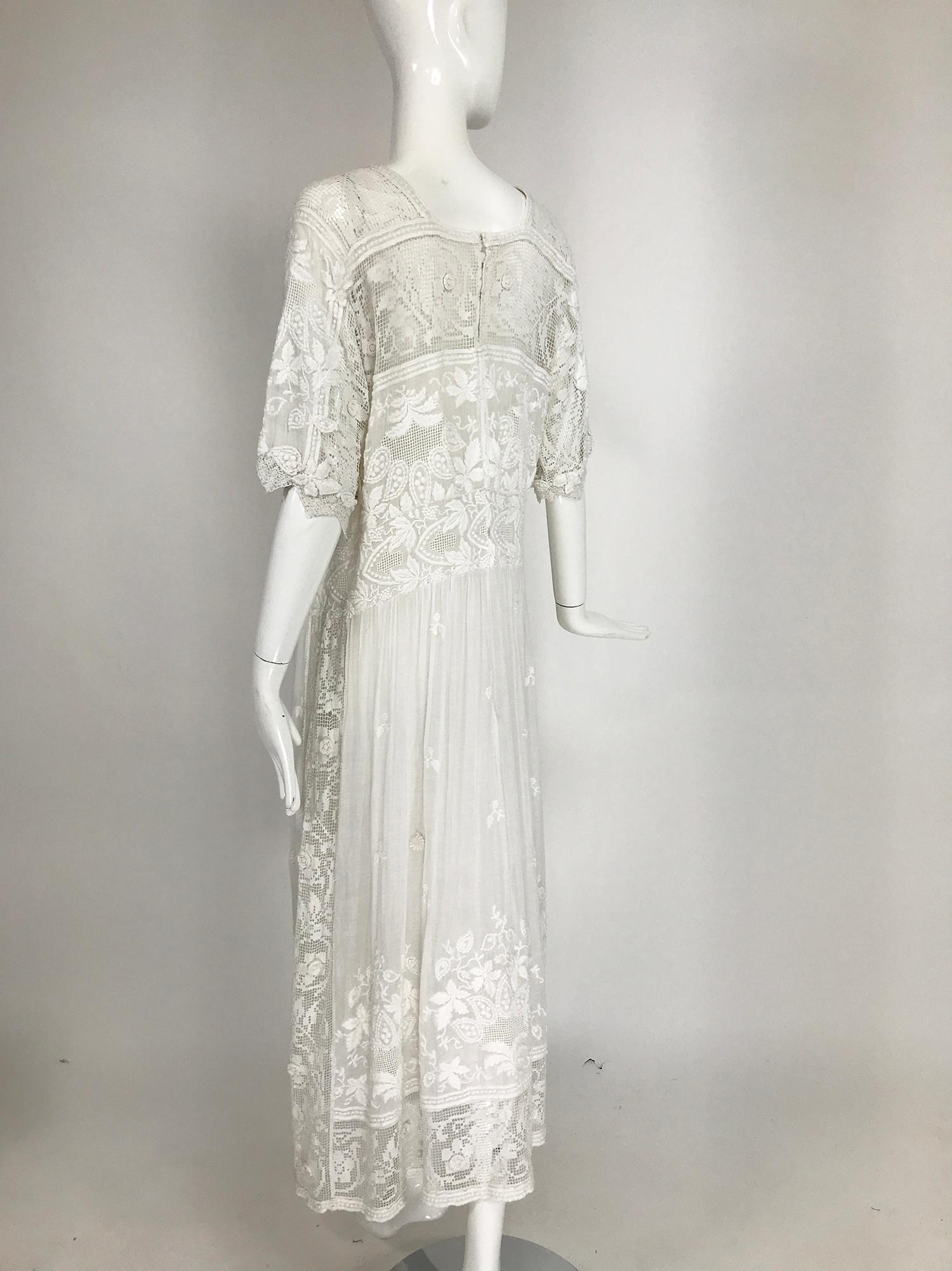 Edwardian Embroidered & appliqued White Batiste & Filet Lace Handmade Dress 3