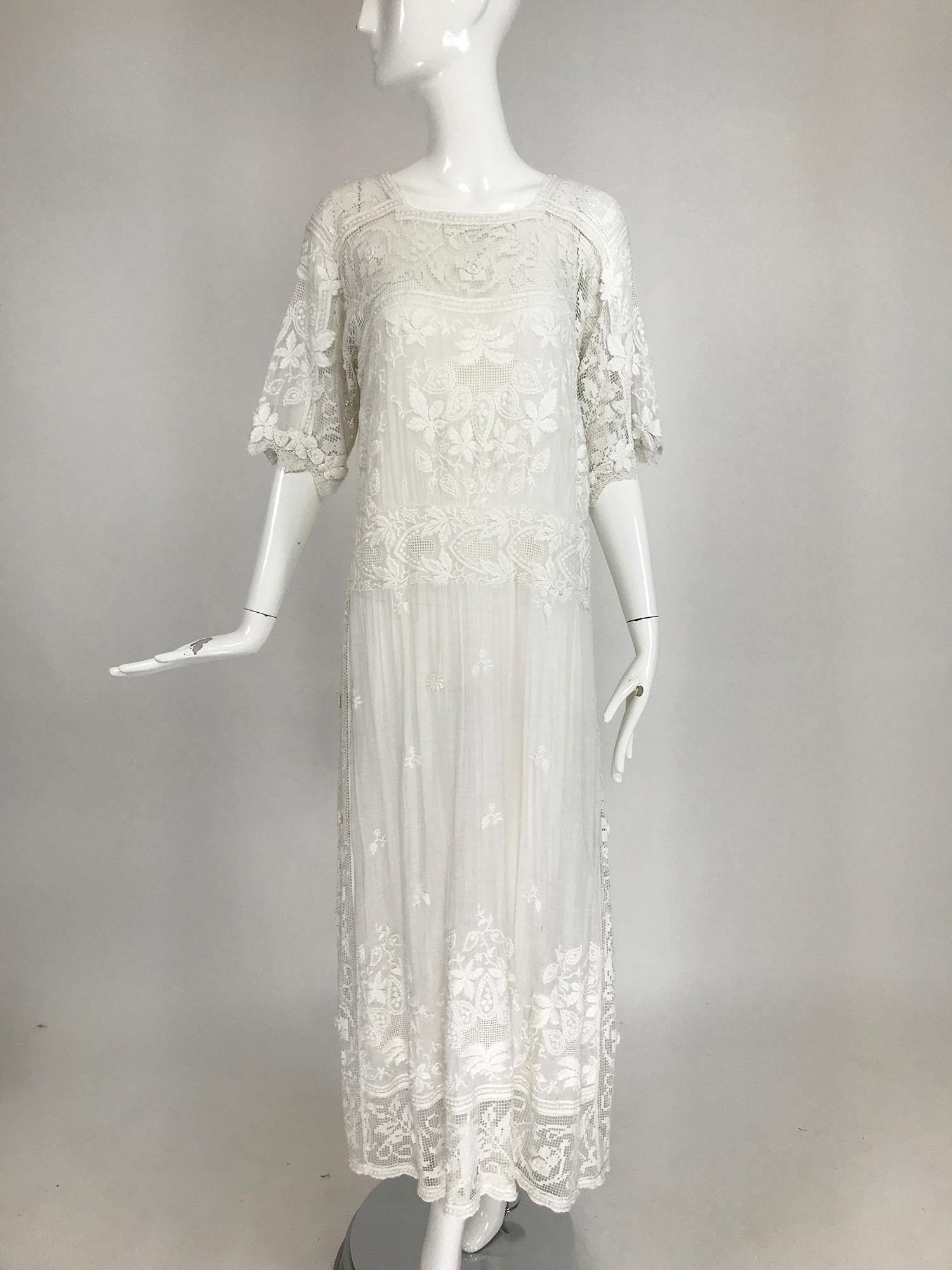Edwardian Embroidered & appliqued White Batiste & Filet Lace Handmade Dress 5