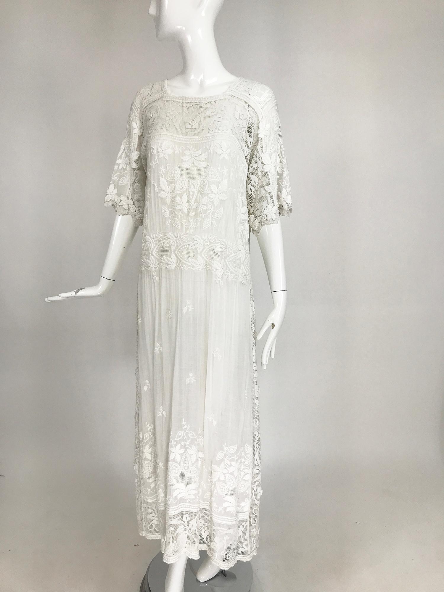 Edwardian Embroidered & appliqued White Batiste & Filet Lace Handmade Dress 6