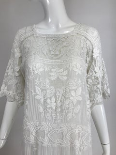 Edwardian Embroidered & appliqued White Batiste & Filet Lace Handmade Dress