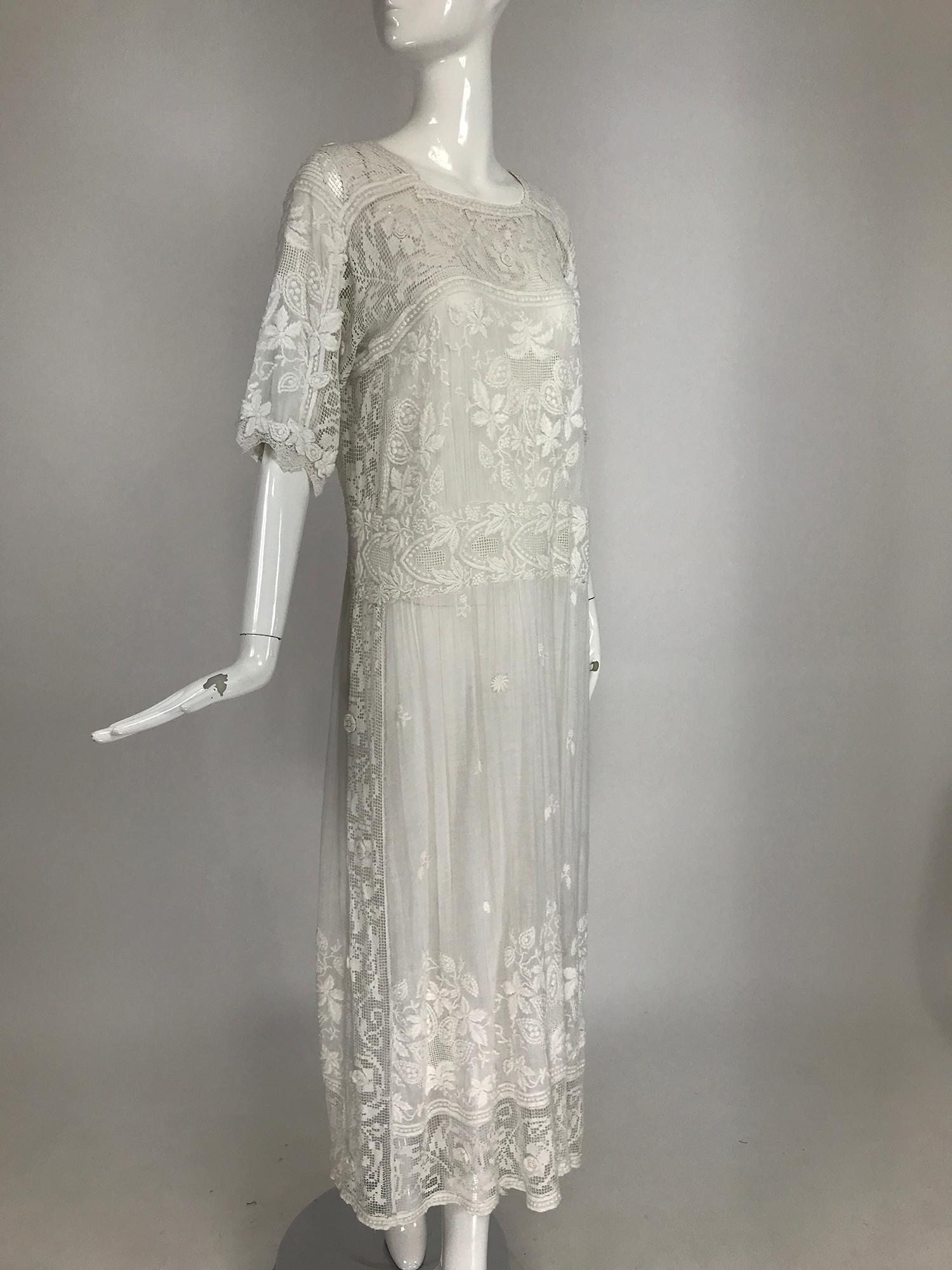 Gray Edwardian Embroidered & appliqued White Batiste & Filet Lace Handmade Dress