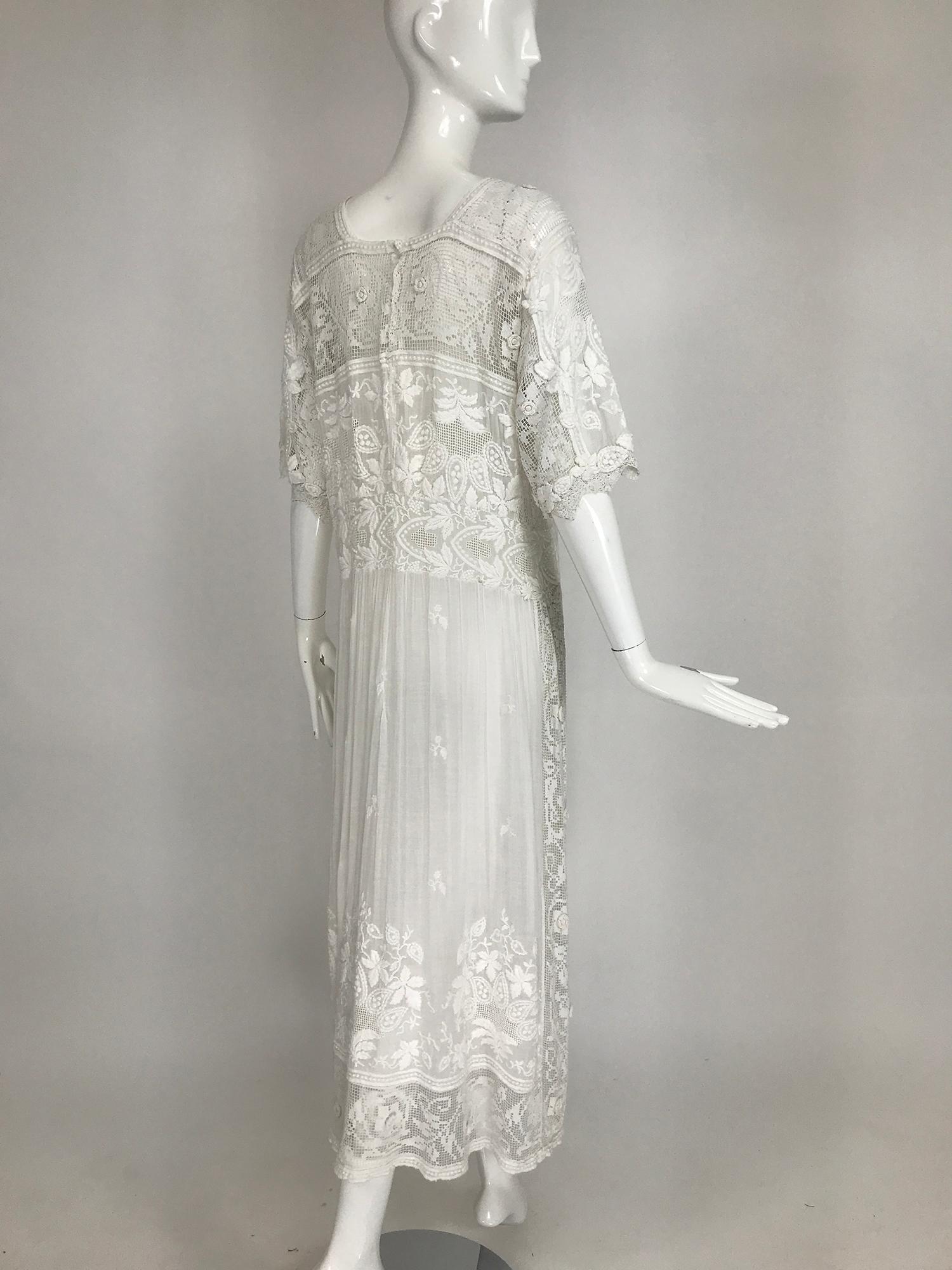 Women's Edwardian Embroidered & appliqued White Batiste & Filet Lace Handmade Dress
