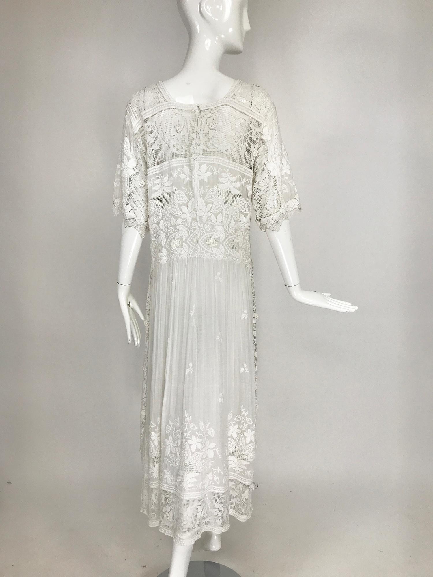 Edwardian Embroidered & appliqued White Batiste & Filet Lace Handmade Dress 1