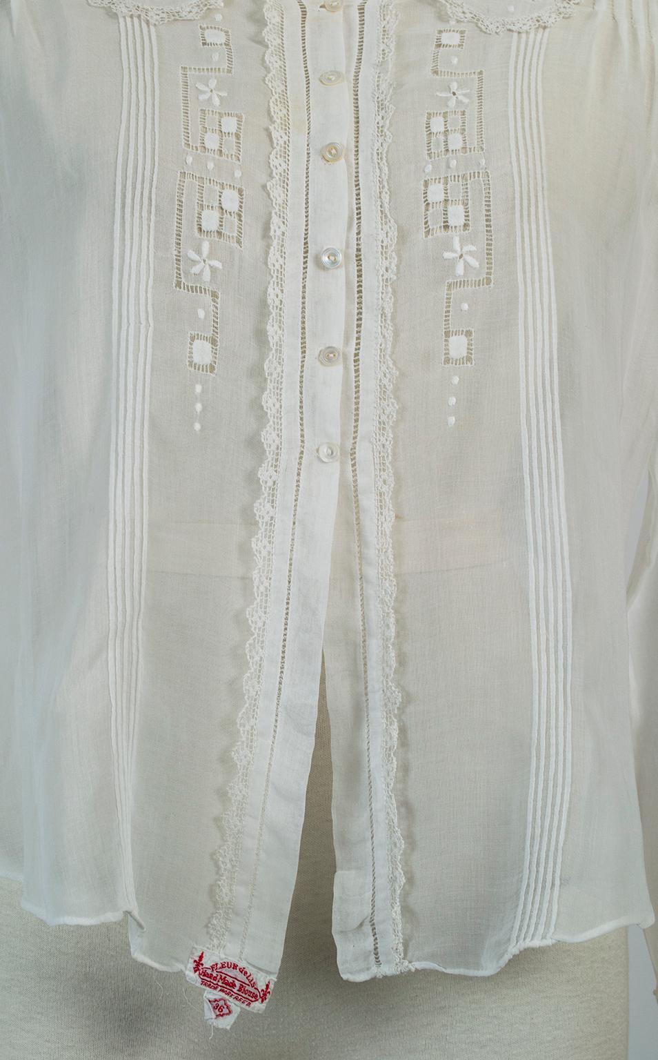 Edwardian White Embroidered Batiste Filet Lace Tie Waist Blouse - XS - S, 1910s For Sale 4