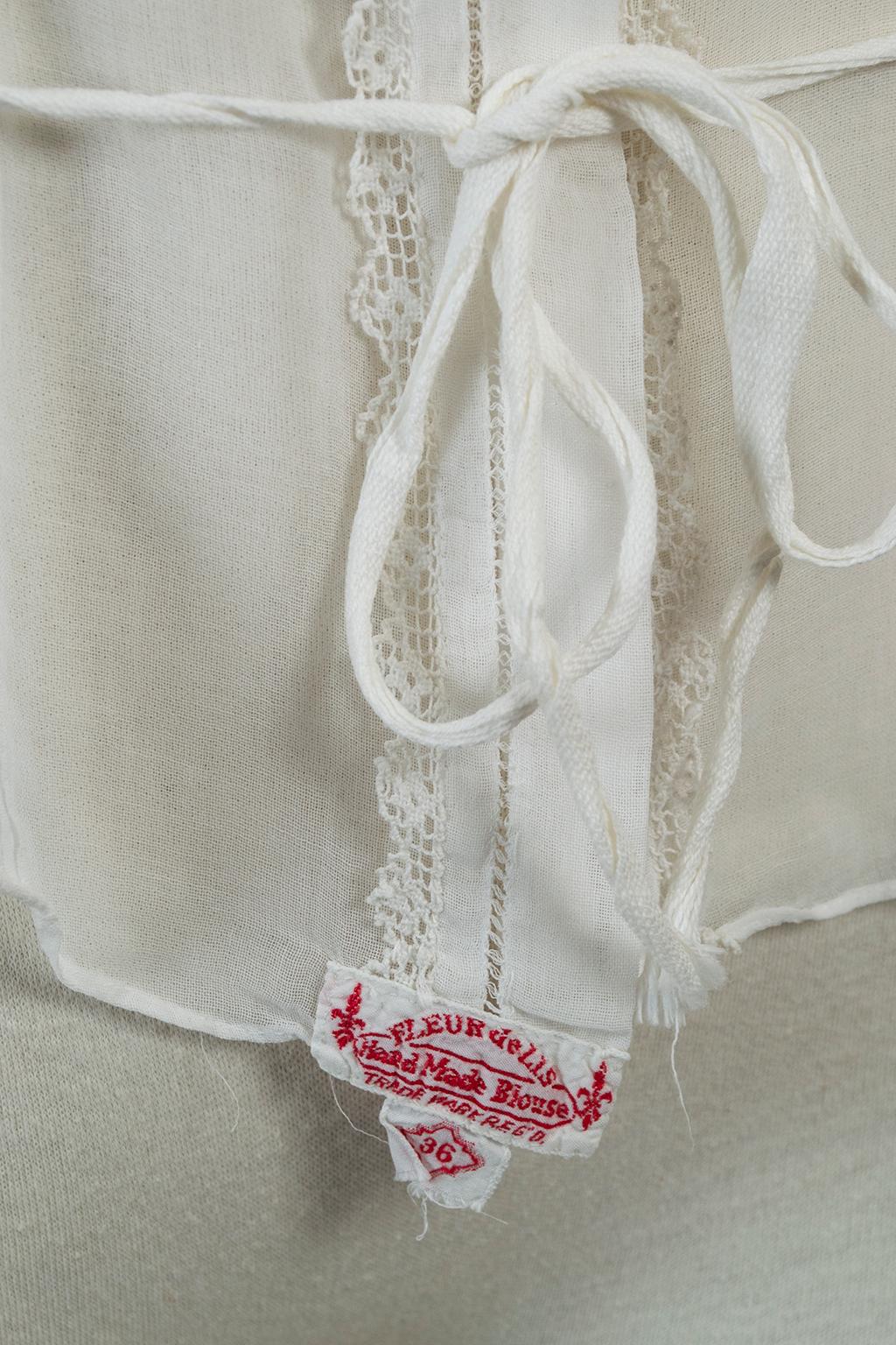 Edwardian White Embroidered Batiste Filet Lace Tie Waist Blouse - XS - S, 1910s For Sale 5