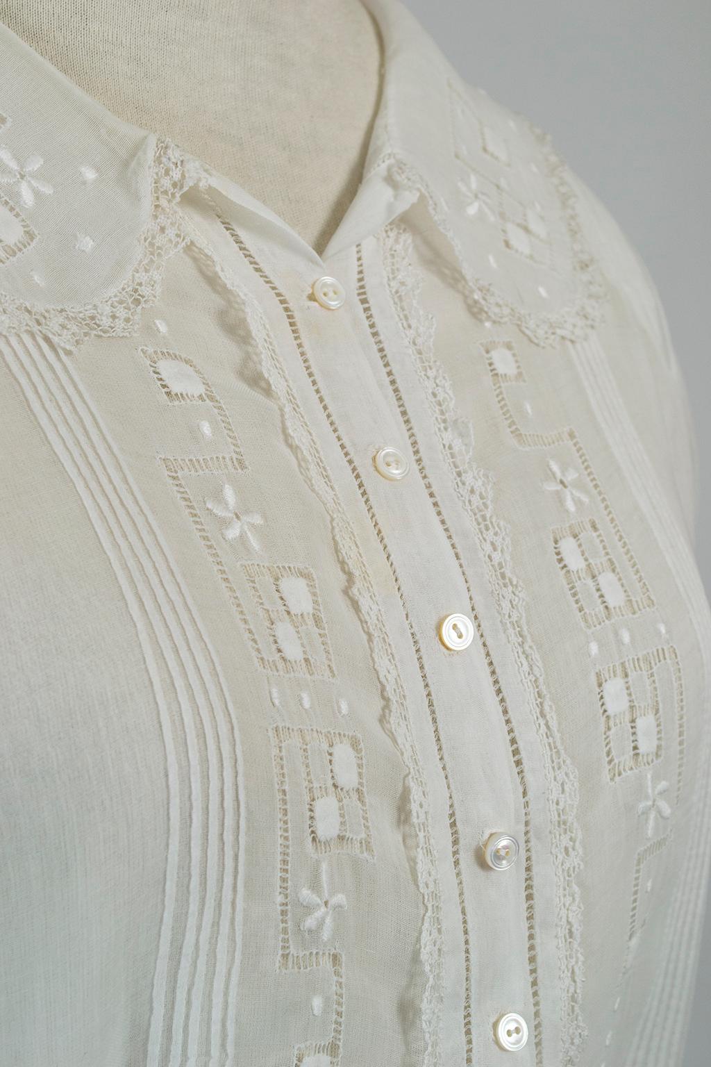 Gray Edwardian White Embroidered Batiste Filet Lace Tie Waist Blouse - XS - S, 1910s For Sale