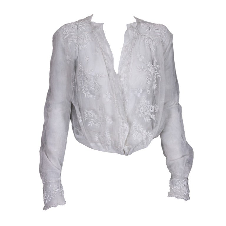 Edwardian Embroidered Ivory Cotton Tulle Blouse