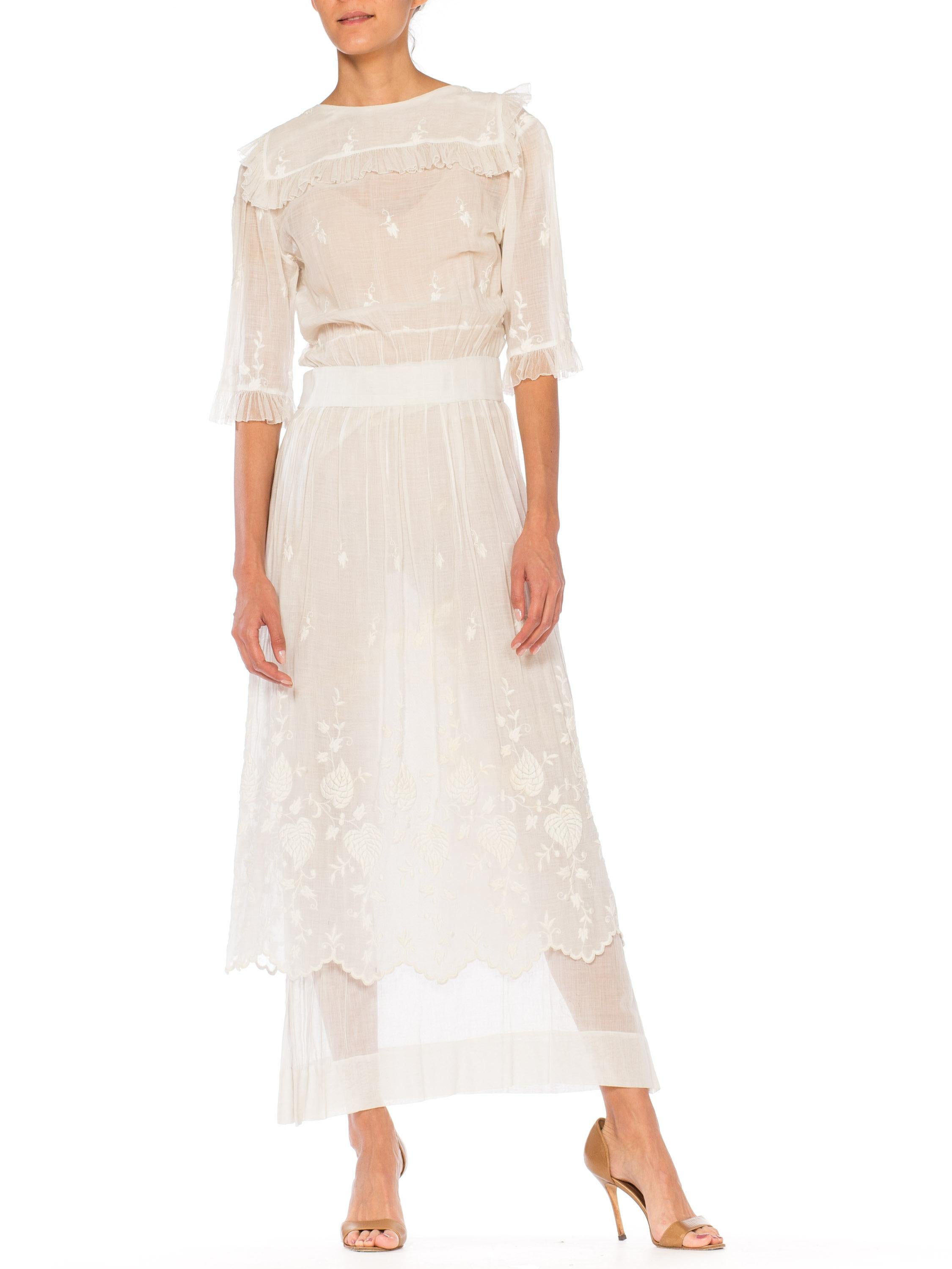 1910S White Embroidered Cotton Voile Edwardian Tea Dress With Sleeves For Sale 4