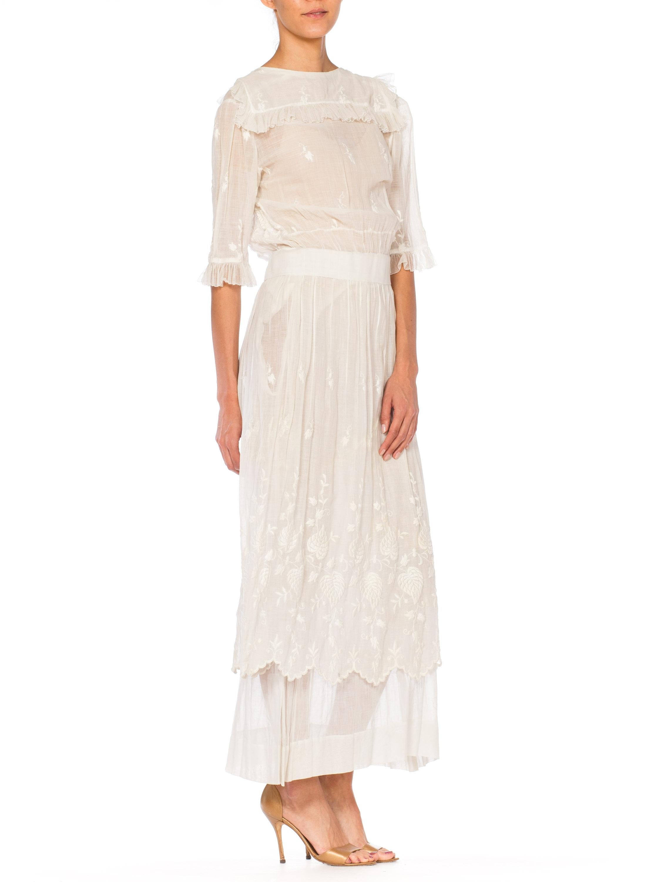 1910S White Embroidered Cotton Voile Edwardian Tea Dress With Sleeves For Sale 5