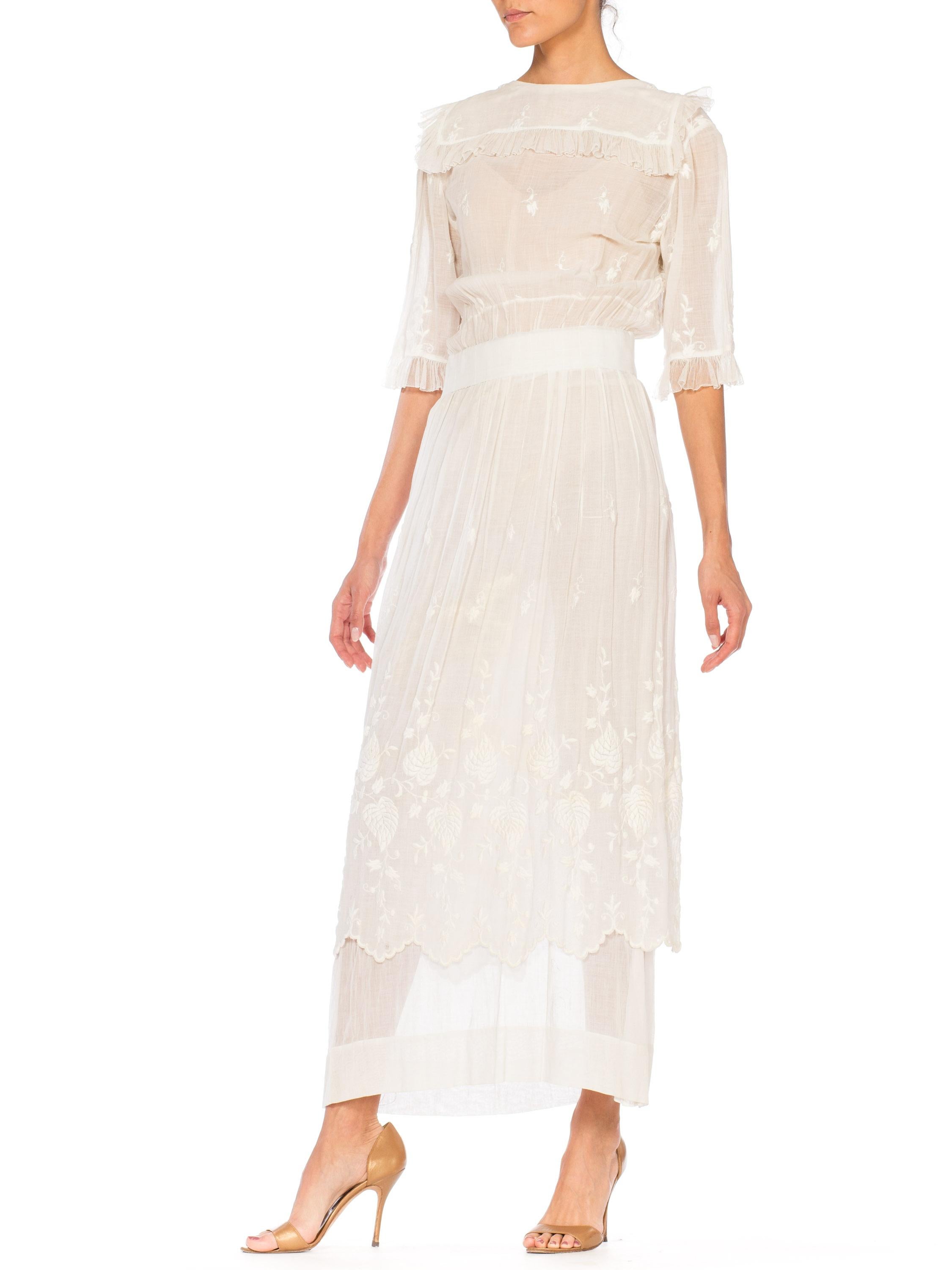 Beige 1910S White Embroidered Cotton Voile Edwardian Tea Dress With Sleeves For Sale