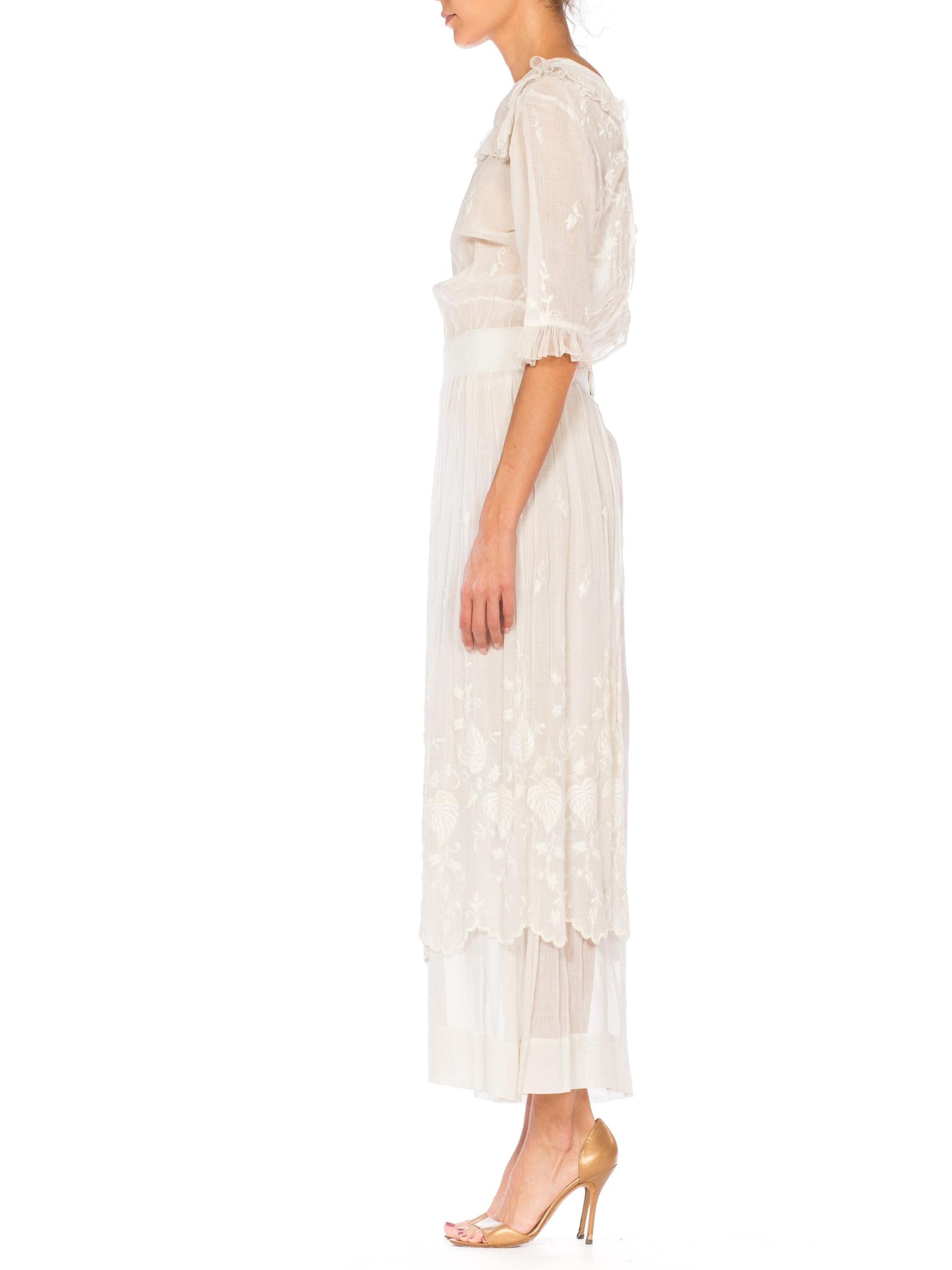 Women's 1910S White Embroidered Cotton Voile Edwardian Tea Dress With Sleeves For Sale