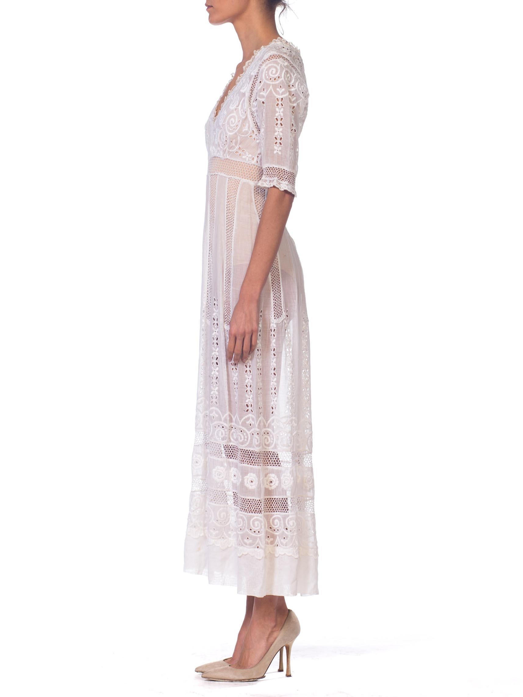 Gray Edwardian Embroidered Organic White Cotton & Lace Tea Dress