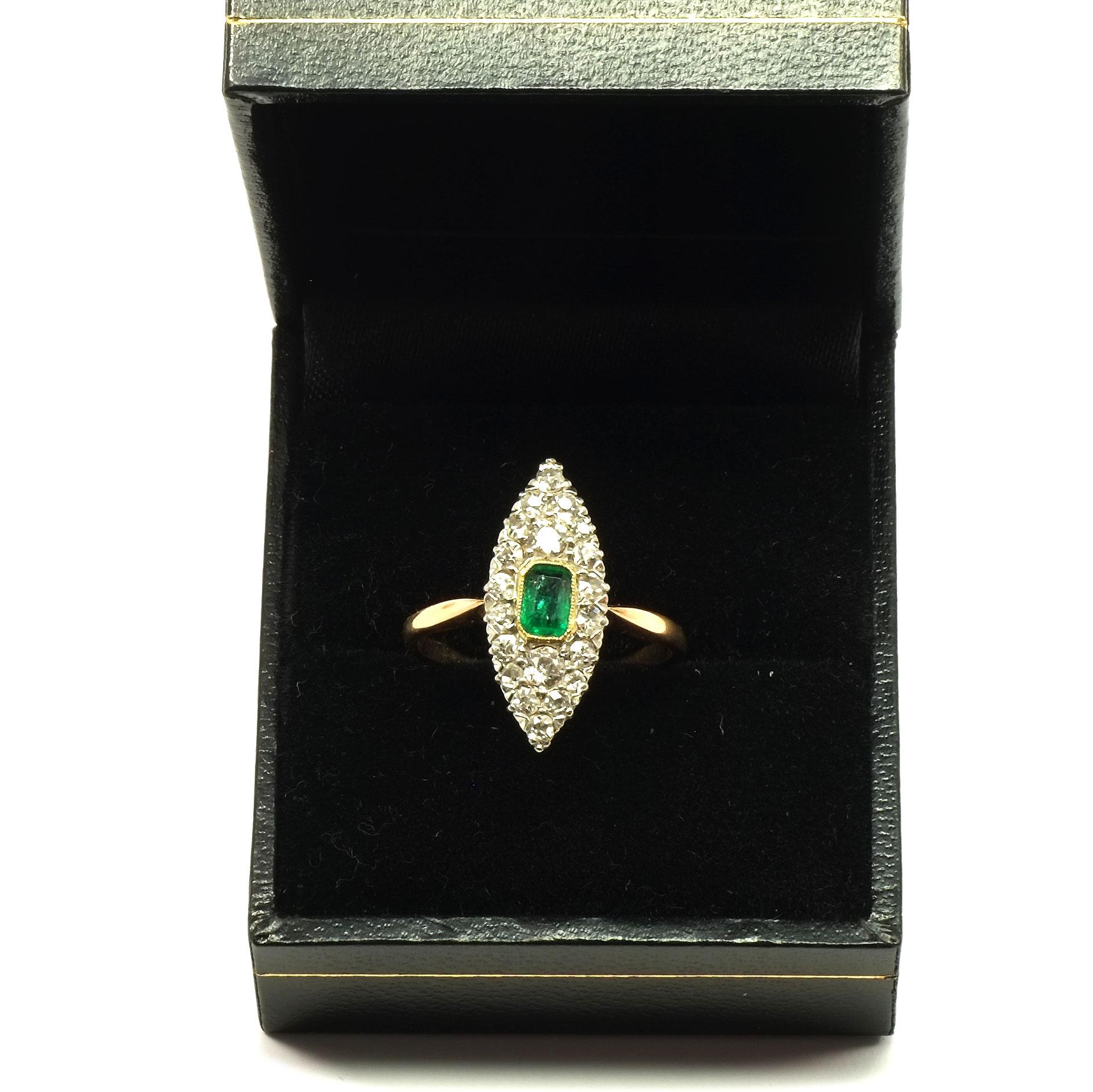Square Cut Edwardian Emerald and 0.8 Carat Diamond Gold Ring, circa 1915