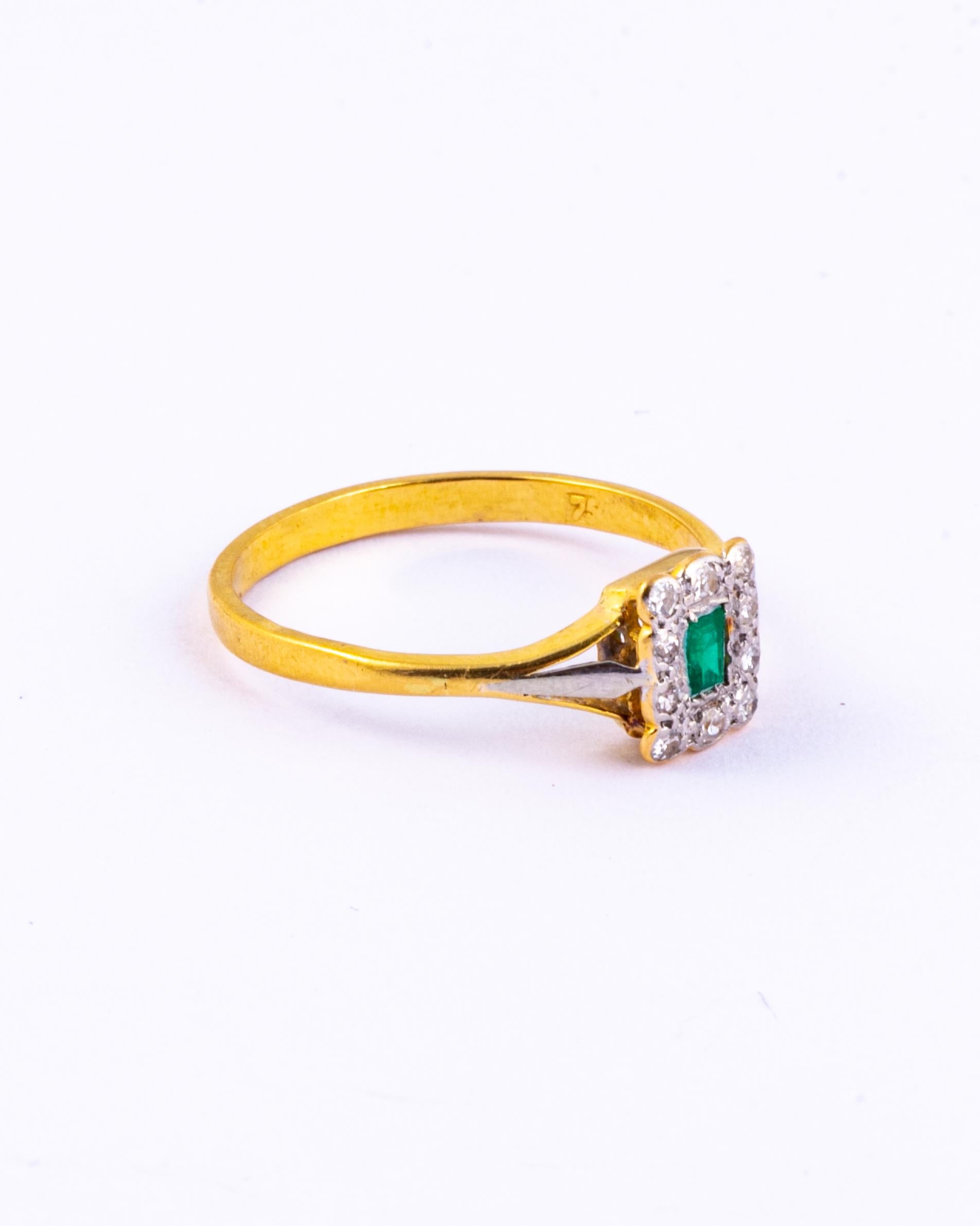 Art Deco Edwardian Emerald and Diamond 18 Carat Cluster Ring