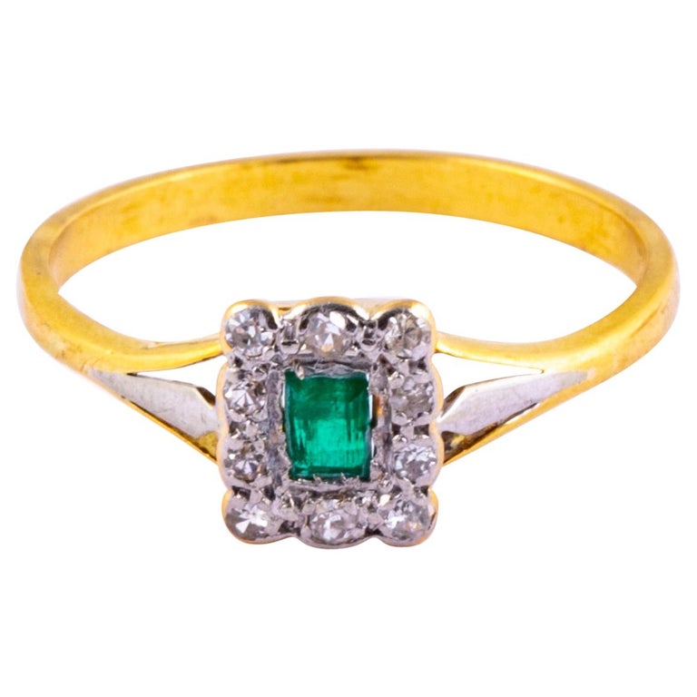 Edwardian Emerald and Diamond 18 Carat Cluster Ring at 1stDibs