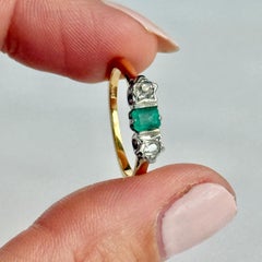 Edwardian Emerald and Diamond 18 Carat Gold and Platinum Three-Stone Ring