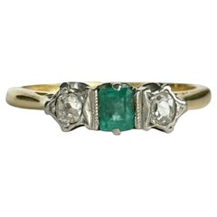 Edwardian Emerald and Diamond 18 Carat Gold and Platinum Three-Stone Ring
