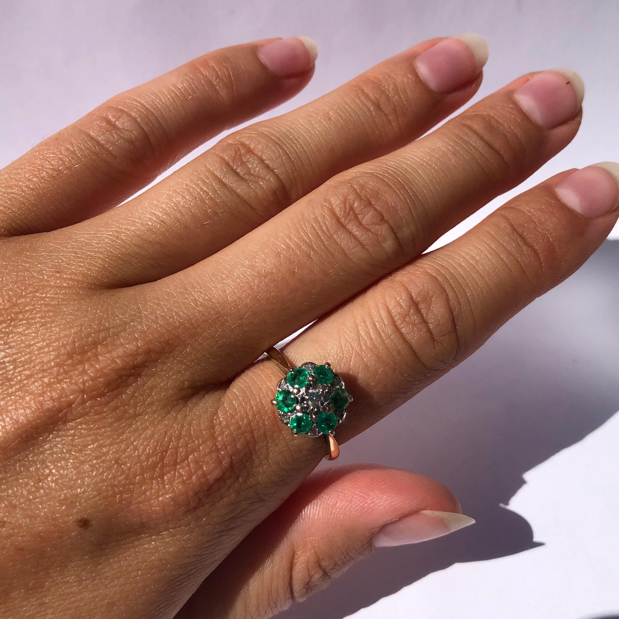 Women's Edwardian Emerald and Diamond 18 Carat Gold Cluster Ring