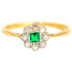 Edwardian Emerald and Diamond 18 Carat Gold Cluster Ring