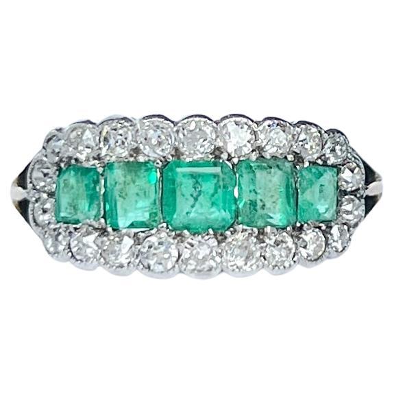 Edwardian Emerald and Diamond 18 Carat Gold Five-Stone Cluster Ring