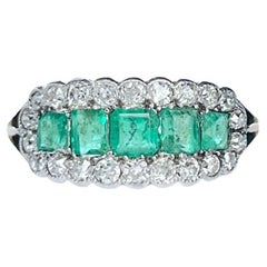 Vintage Edwardian Emerald and Diamond 18 Carat Gold Five-Stone Cluster Ring