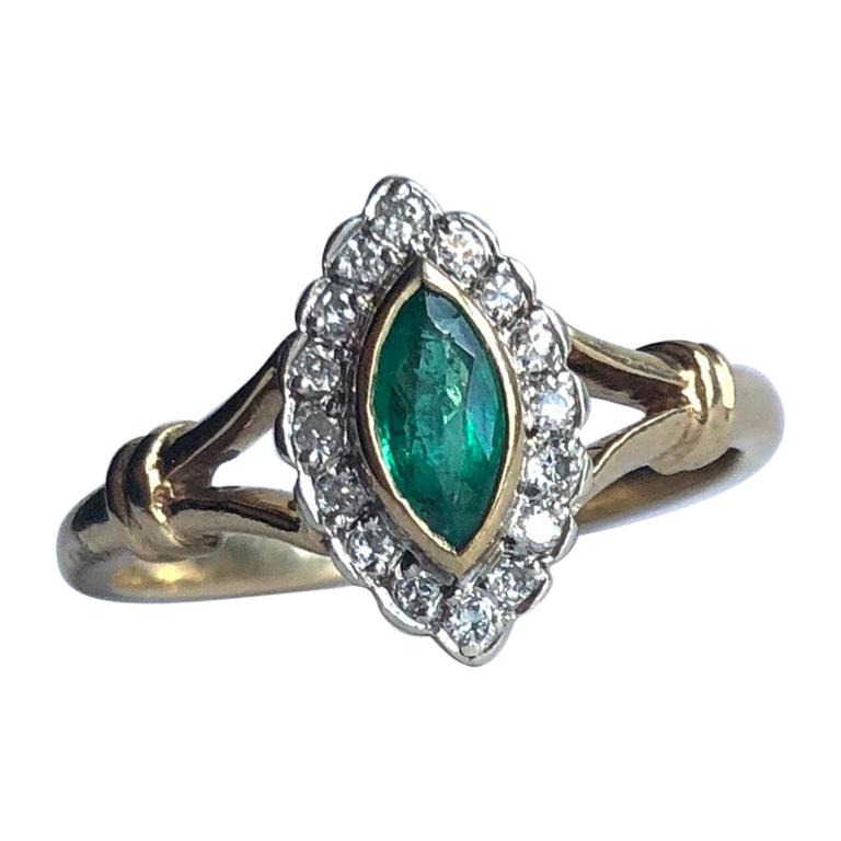 Edwardian Emerald and Diamond 18 Carat Gold Marquise Cluster Ring