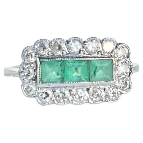 Edwardian Emerald and Diamond 18 Carat Gold Three-Stone Cluster Ring