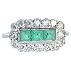 Edwardian Emerald and Diamond 18 Carat Gold Three-Stone Cluster Ring