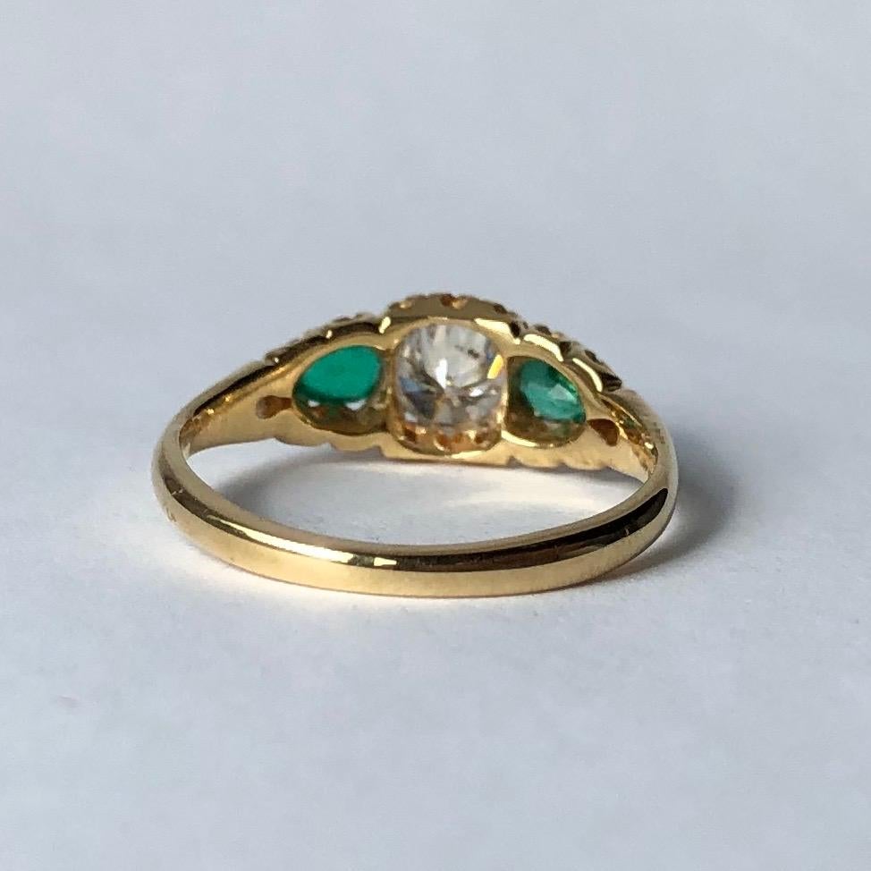 Old European Cut Edwardian Emerald and Diamond 18 Carat Gold Three-Stone Ring For Sale