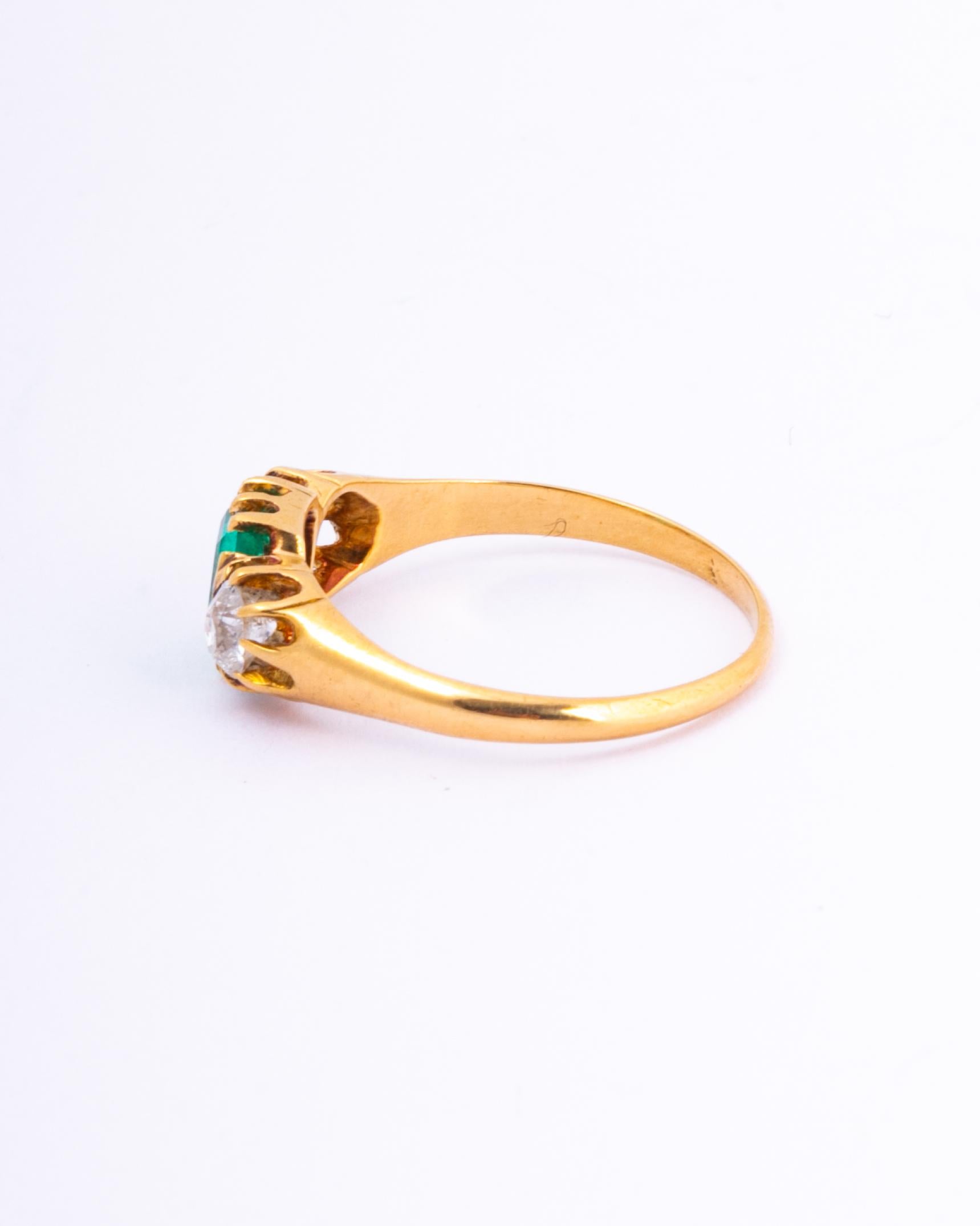Old European Cut Edwardian Emerald and Diamond 18 Carat Gold Three-Stone Ring