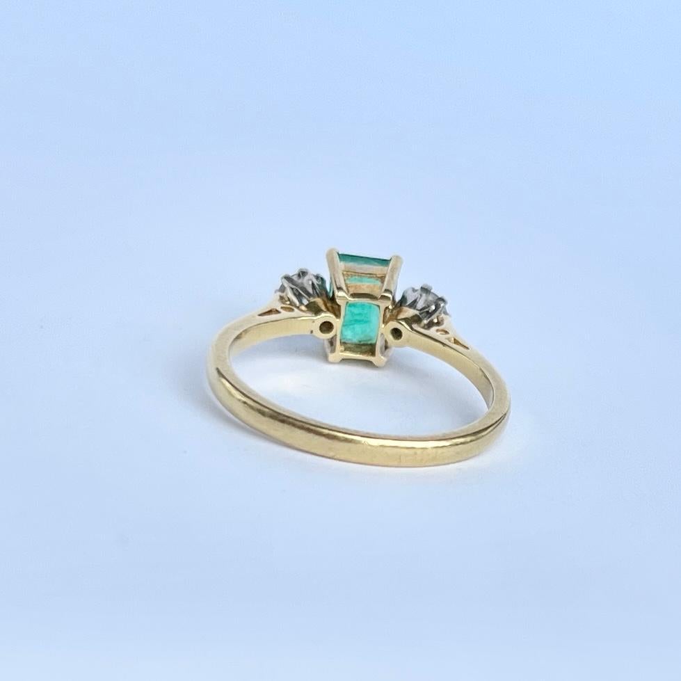 Art Deco Edwardian Emerald and Diamond 18 Carat Gold Three-Stone Ring