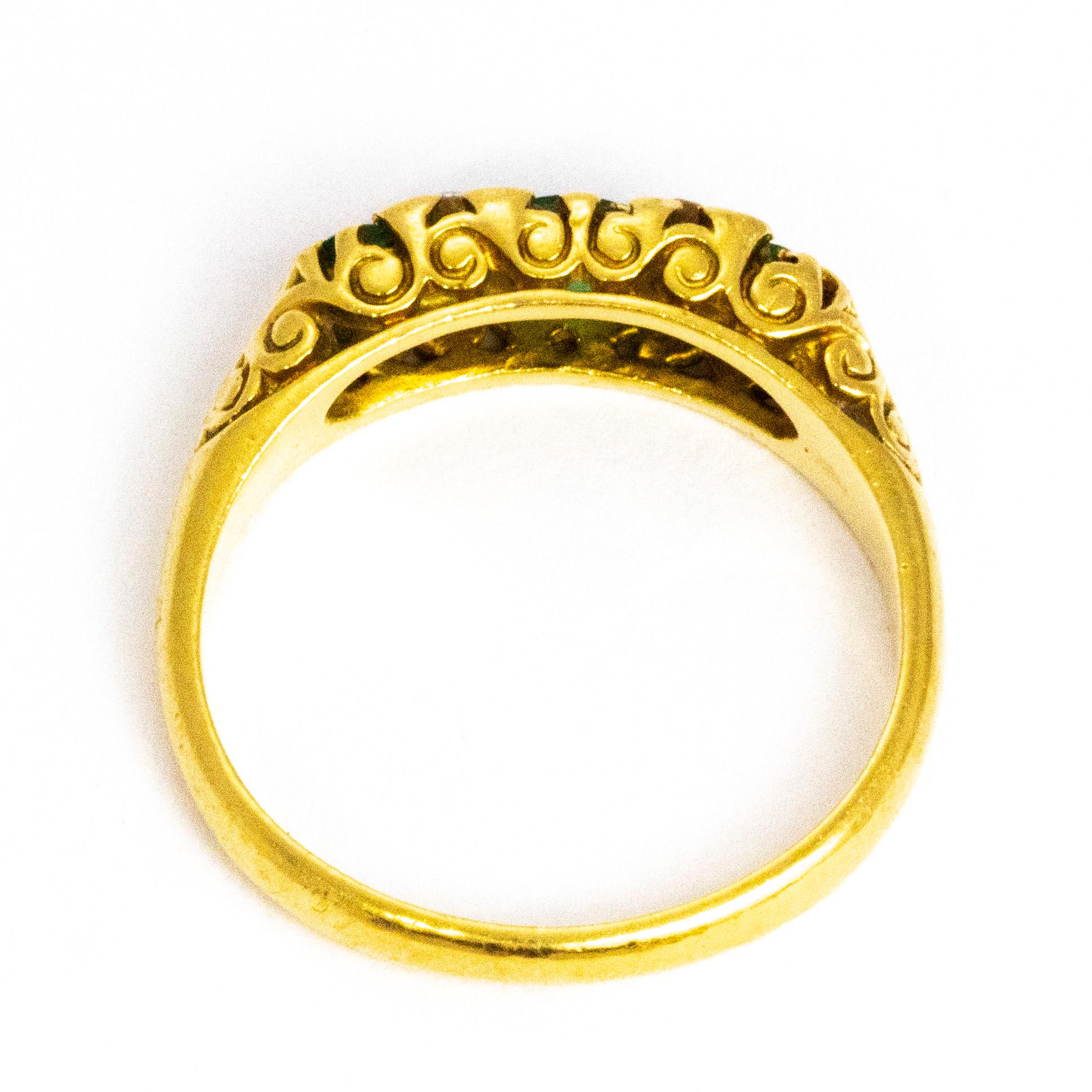 Women's or Men's Edwardian Emerald and Diamond 18 Carat Gold Three-Stone Ring