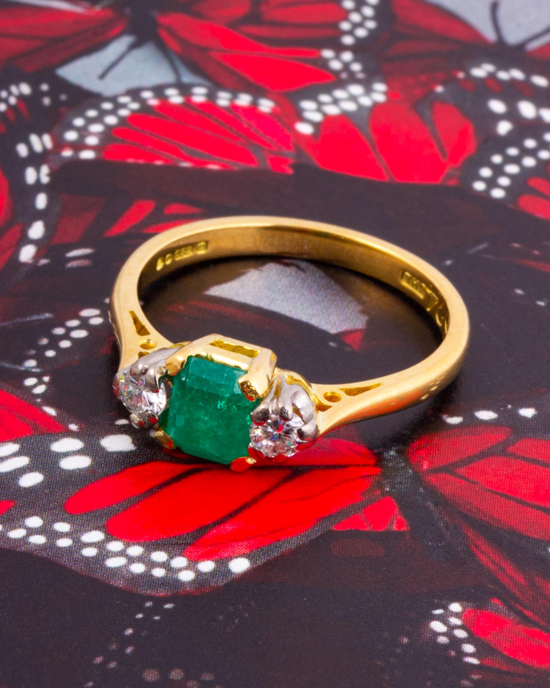 Women's Edwardian Emerald and Diamond 18 Carat Gold Three-Stone Ring
