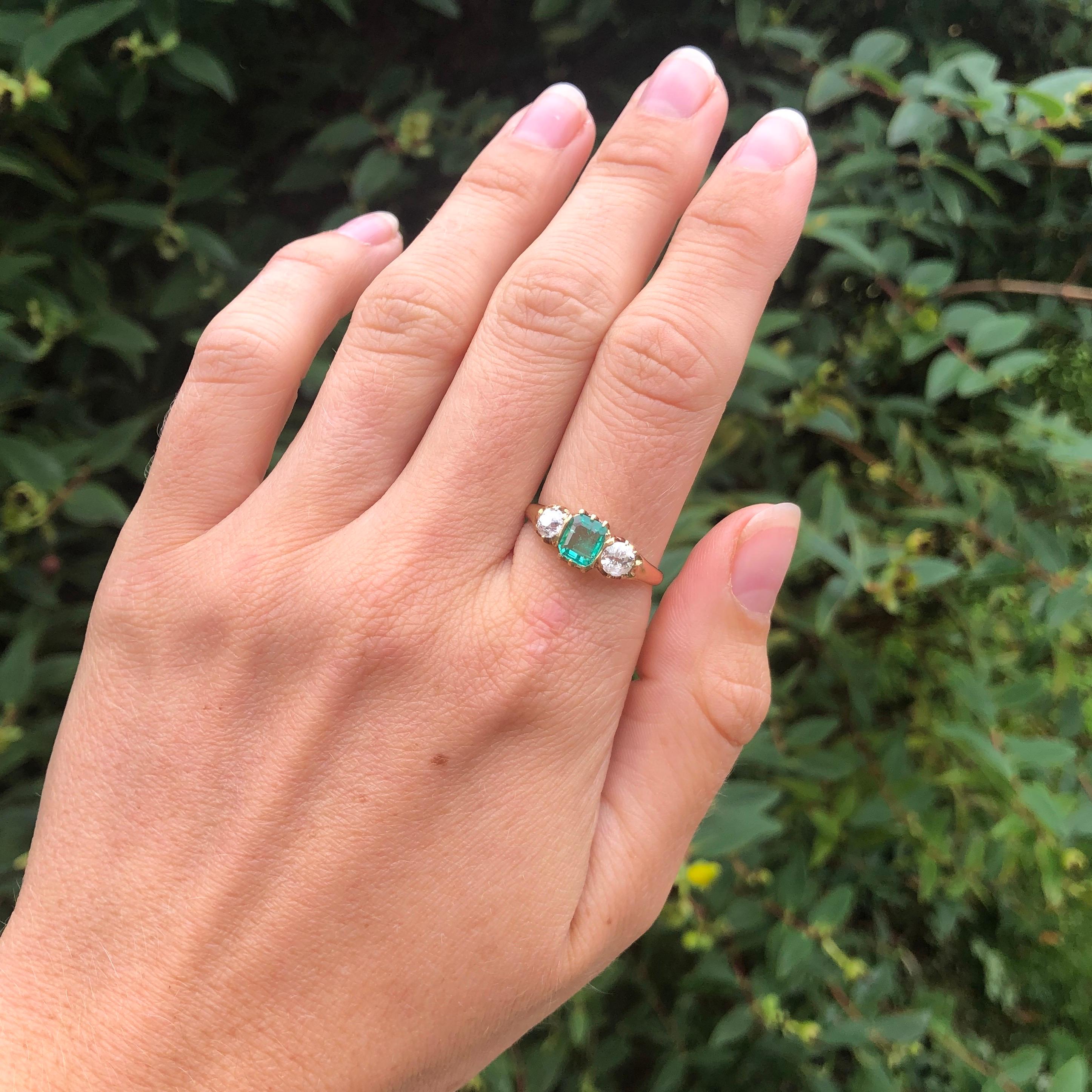 Edwardian Emerald and Diamond 18 Carat Gold Three-Stone Ring 1