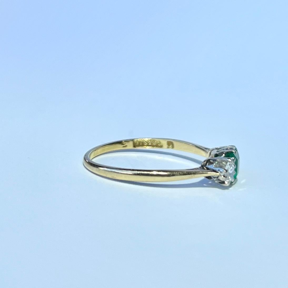 Edwardian Emerald and Diamond 18 Carat Gold Three-Stone Ring 1