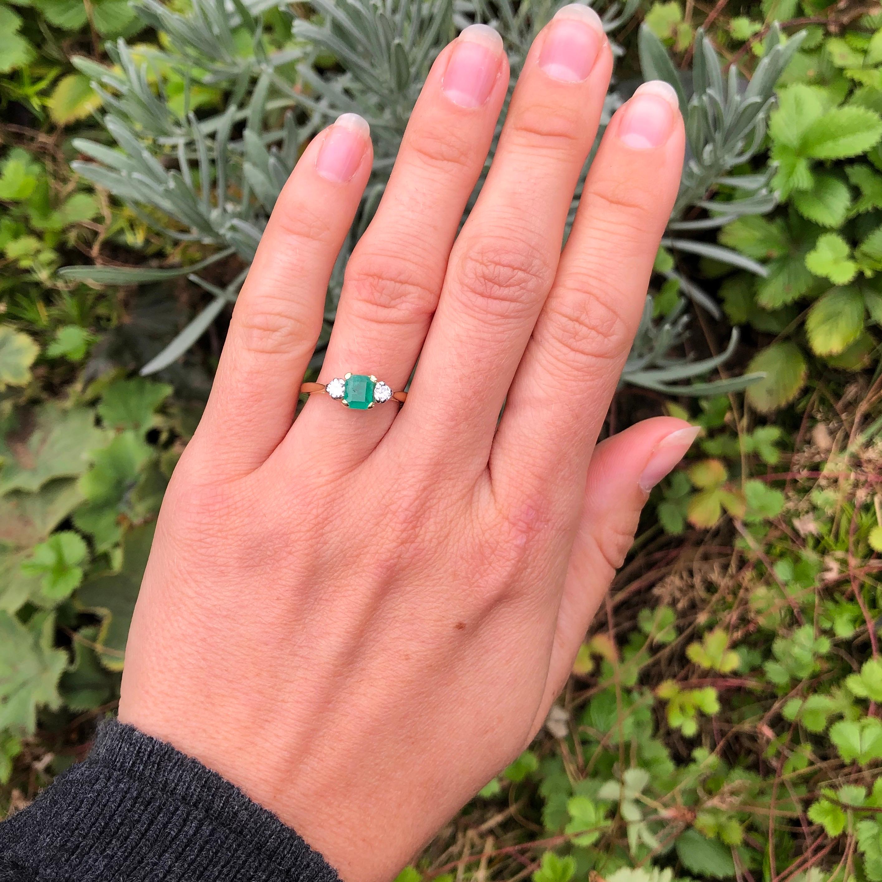 Edwardian Emerald and Diamond 18 Carat Gold Three-Stone Ring 2