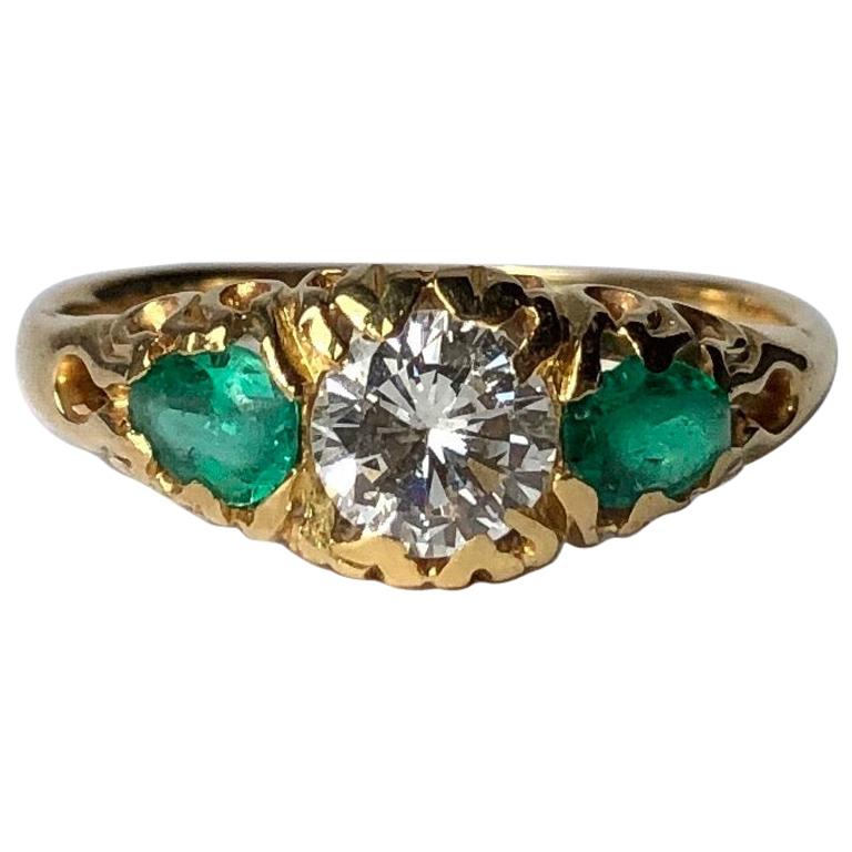 Edwardian Emerald and Diamond 18 Carat Gold Three-Stone Ring