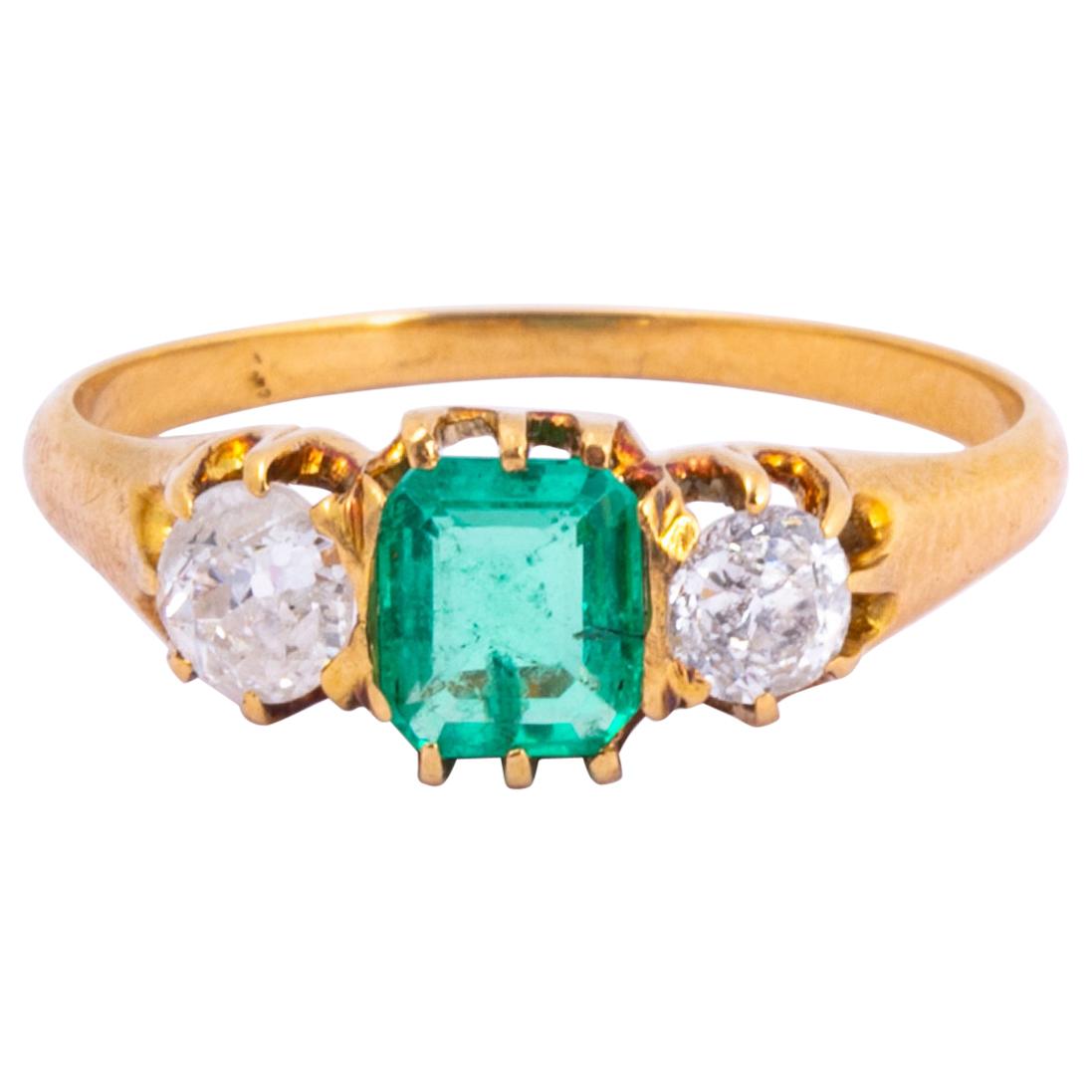 Edwardian Emerald and Diamond 18 Carat Gold Three-Stone Ring at 1stDibs