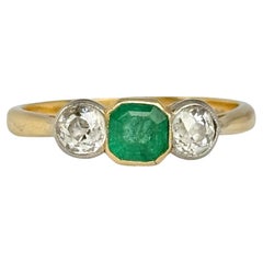 Edwardian Emerald and Diamond 18 Carat Gold Three-Stone Ring