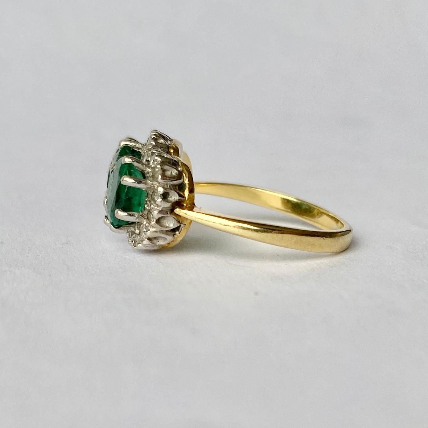 Modern Vintage Emerald and Diamond 18 Carat Gold Triple Cluster Ring