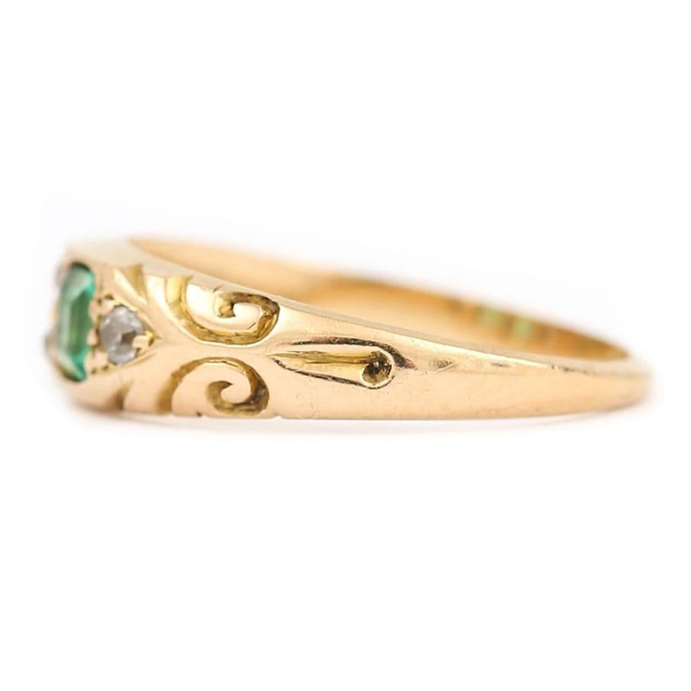 Cushion Cut Edwardian Emerald and Diamond 18 Karat Yellow Gold Boat Shaped Ring, circa 1900