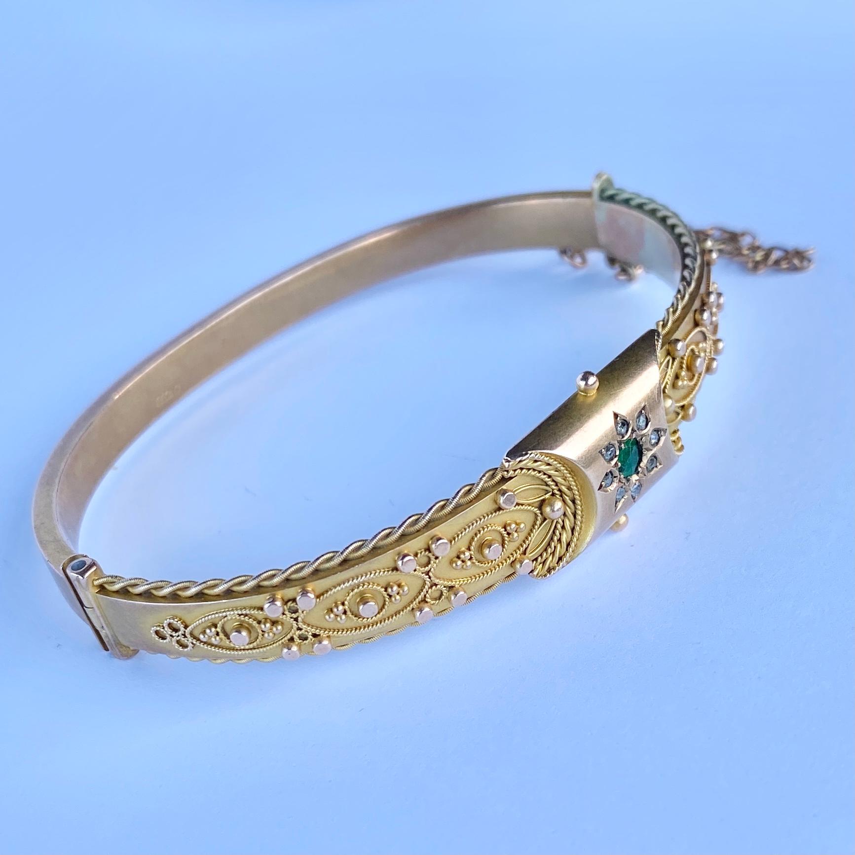 Edwardian Emerald and Diamond 9 Carat Gold Bangle In Good Condition For Sale In Chipping Campden, GB