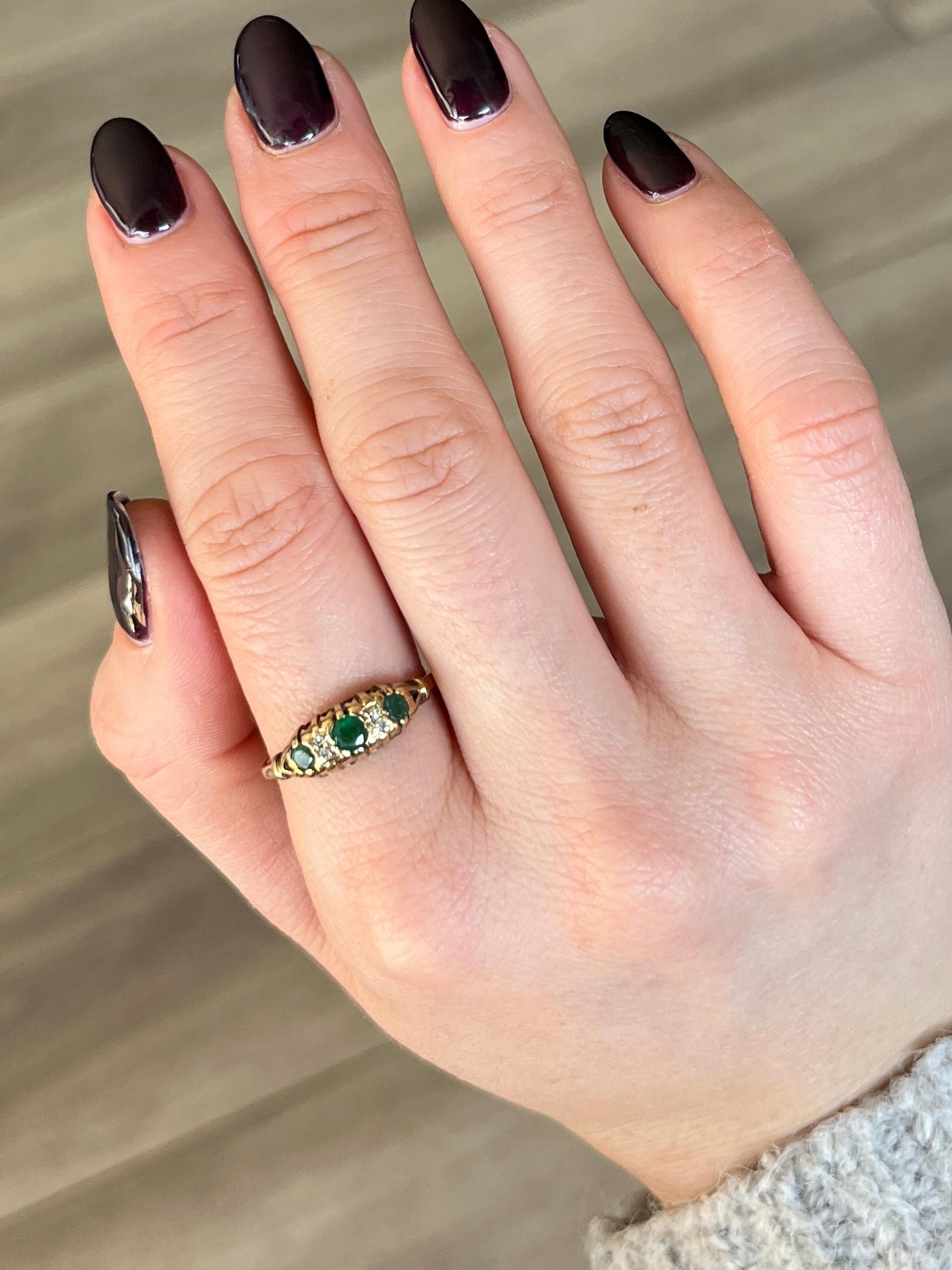 Old European Cut Edwardian Emerald and Diamond 9 Carat Gold Three-Stone Ring For Sale