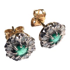 Edwardian Emerald and Diamond Cluster Stud Earrings